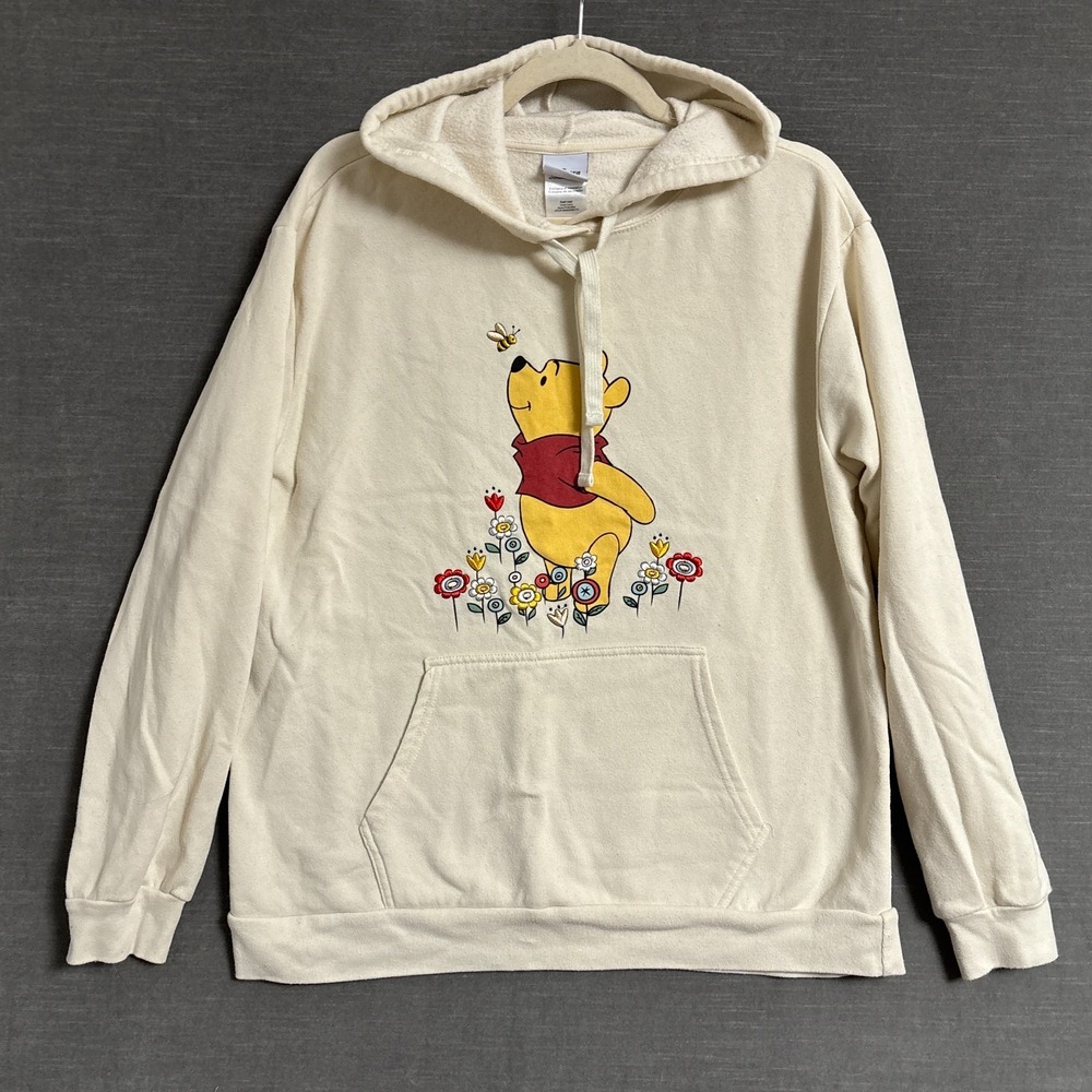 Disney Winnie the Pooh Hoodie Sweatshirt XXL Cream Embroidered Bee Flowers